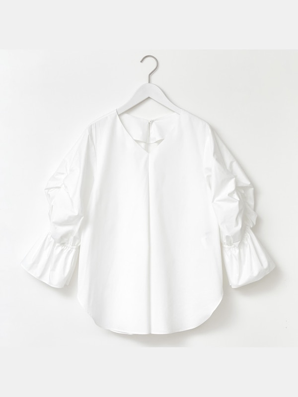 コットンブレンドボリュームスリーブブラウス