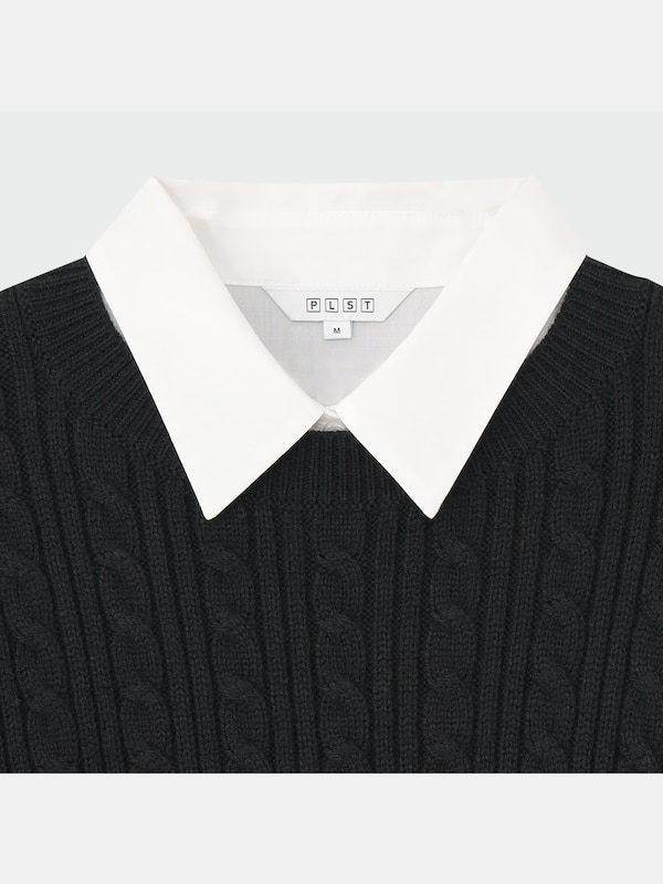 ケーブルニットレイヤードシャツ（長袖）