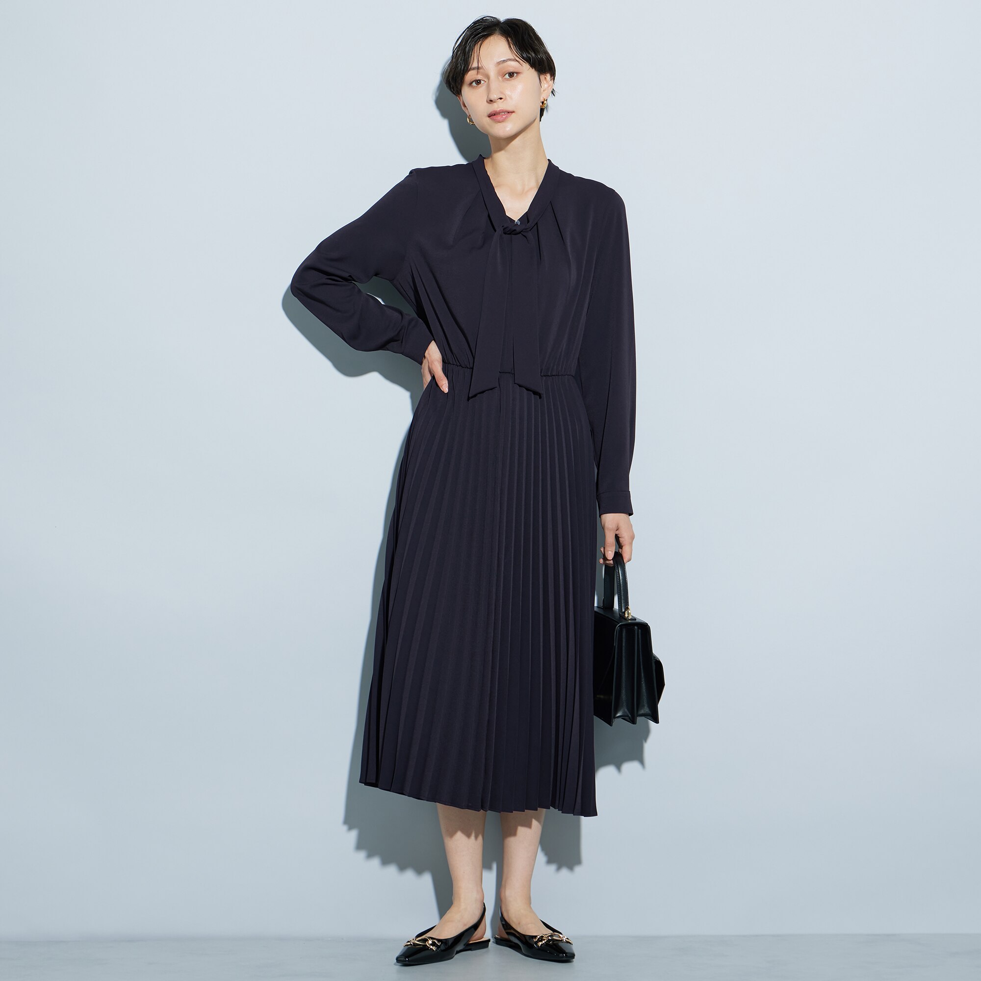 新品☆PLST ジョーゼットプリーツドッキングワンピース ネイビー М PLST(プラステ)公式 | ジョーゼットプリーツワンピース