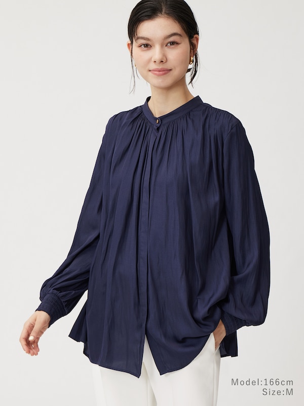 ヨリ フロントフリルギャザーブラウス Aライン フレア バンドカラー  