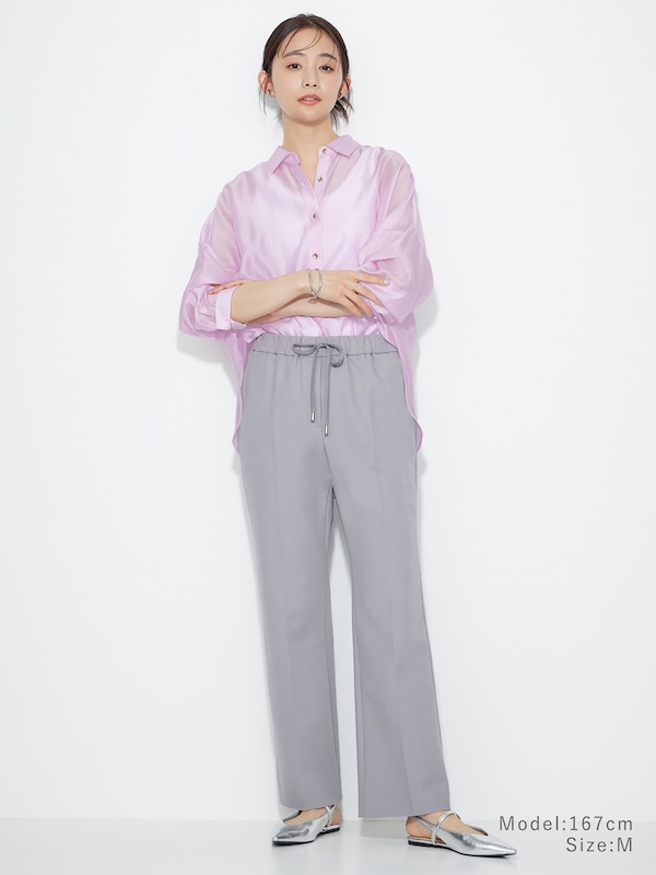 コットンブレンドドローストリングソフトフレアパンツ