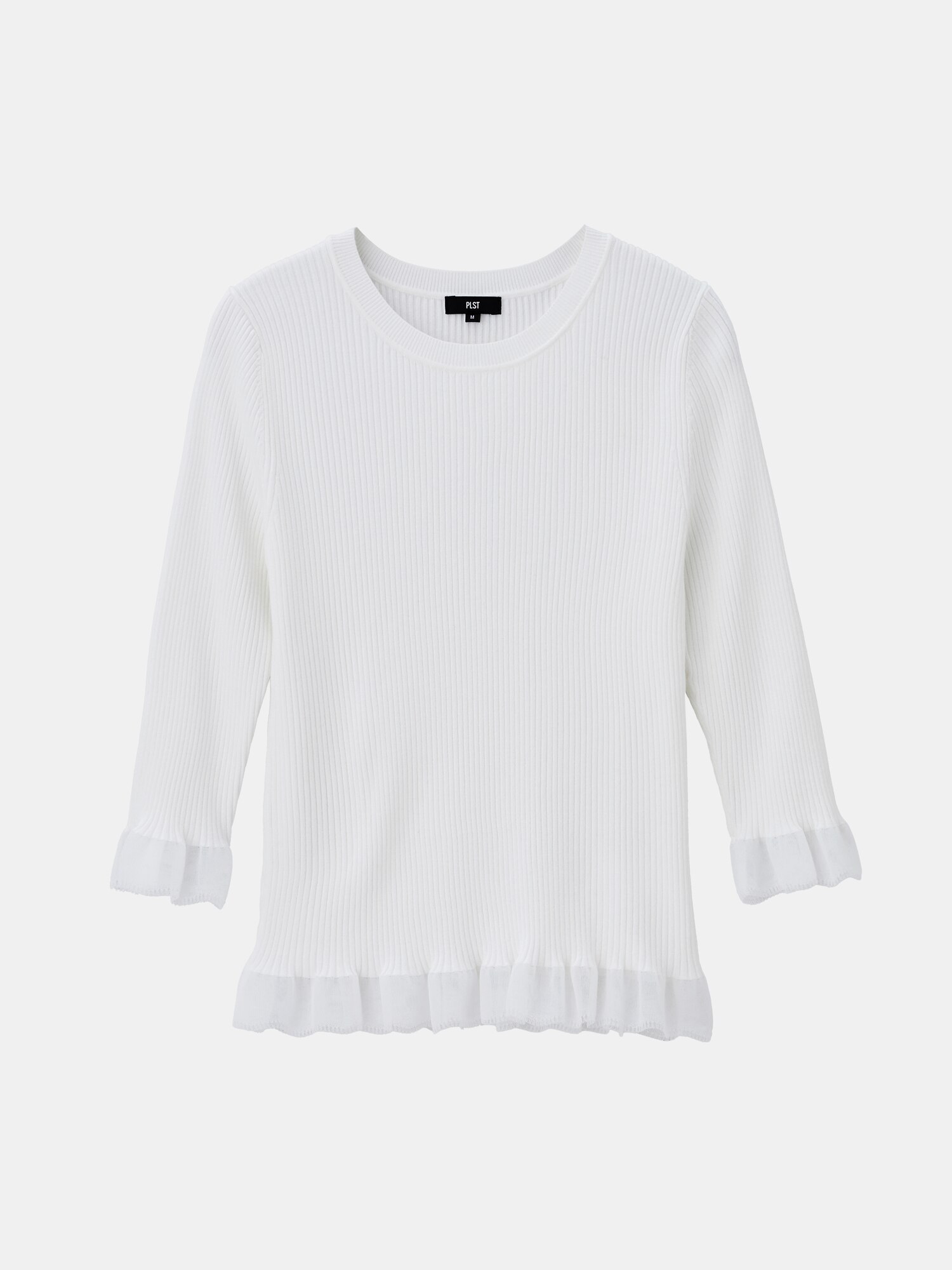 PLST - PLS+T(PLST)(プラステ) 七分袖セーター サイズM レディース美品  - 白×ダークネイビー クルーネック/ボーダー PLST - PLS+T(PLST)(プラステ) 七分袖セーター サイズM