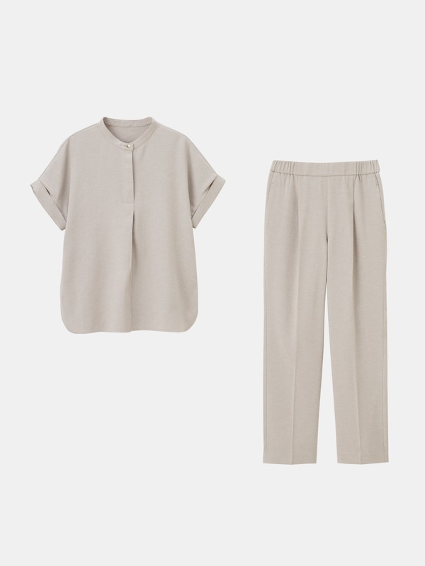 メタルボタンバンドカラーシャツパンツセットアップ