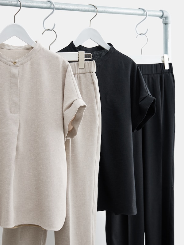 メタルボタンバンドカラーシャツパンツセットアップ