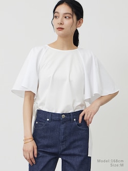 ファブリックコンビフレアスリーブチュニックＴシャツ