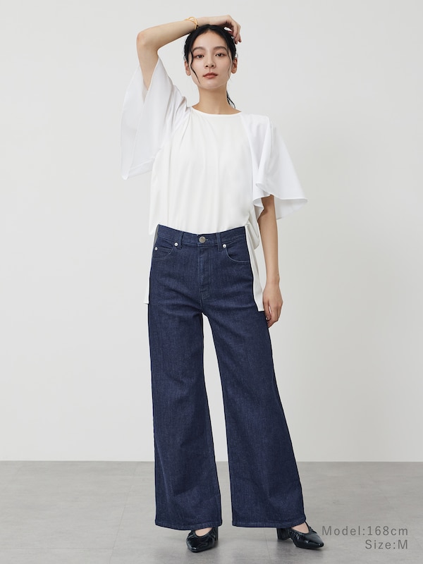 ファブリックコンビフレアスリーブチュニックＴシャツ