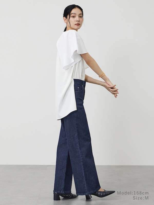 ファブリックコンビフレアスリーブチュニックＴシャツ