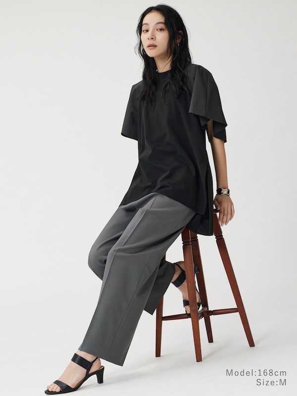 ファブリックコンビフレアスリーブチュニックＴシャツ