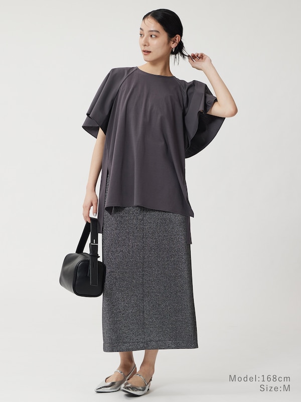 ファブリックコンビフレアスリーブチュニックＴシャツ
