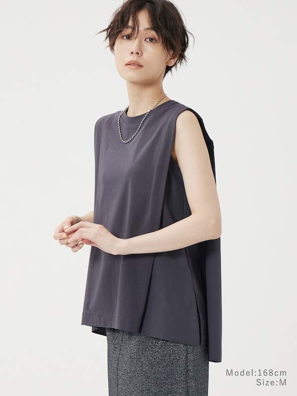 ファブリックコンビギャザーノースリーブTシャツ