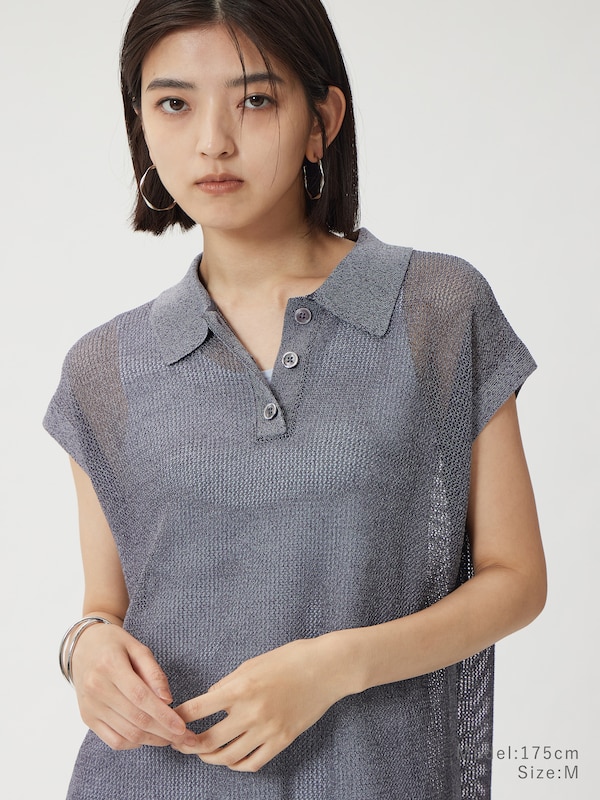 ラメメッシュノースリーブポロセーター
