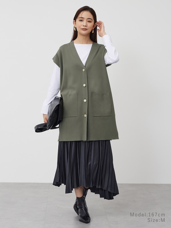 レーヨンブレンドロングニットベスト