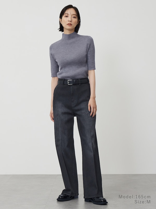 メリノウールブレンドハイネックリブセーター