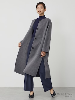 ウールブレンドリバーカラーレスロングコート