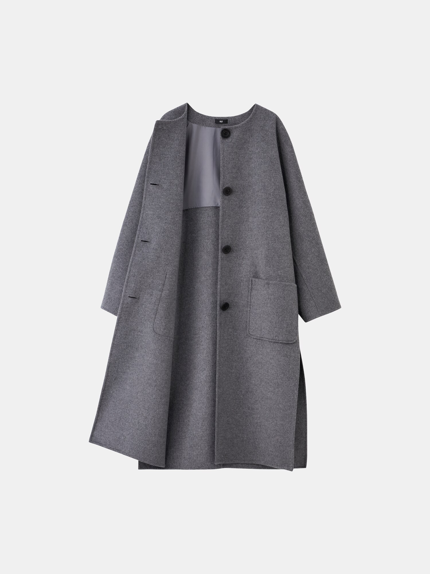 美品✨プラステ　PLST コート　ロング　ノーカラー　Vネック　グレー　長袖 PLST(プラステ)公式 | ウールブレンドリバーカラーレスロングコート