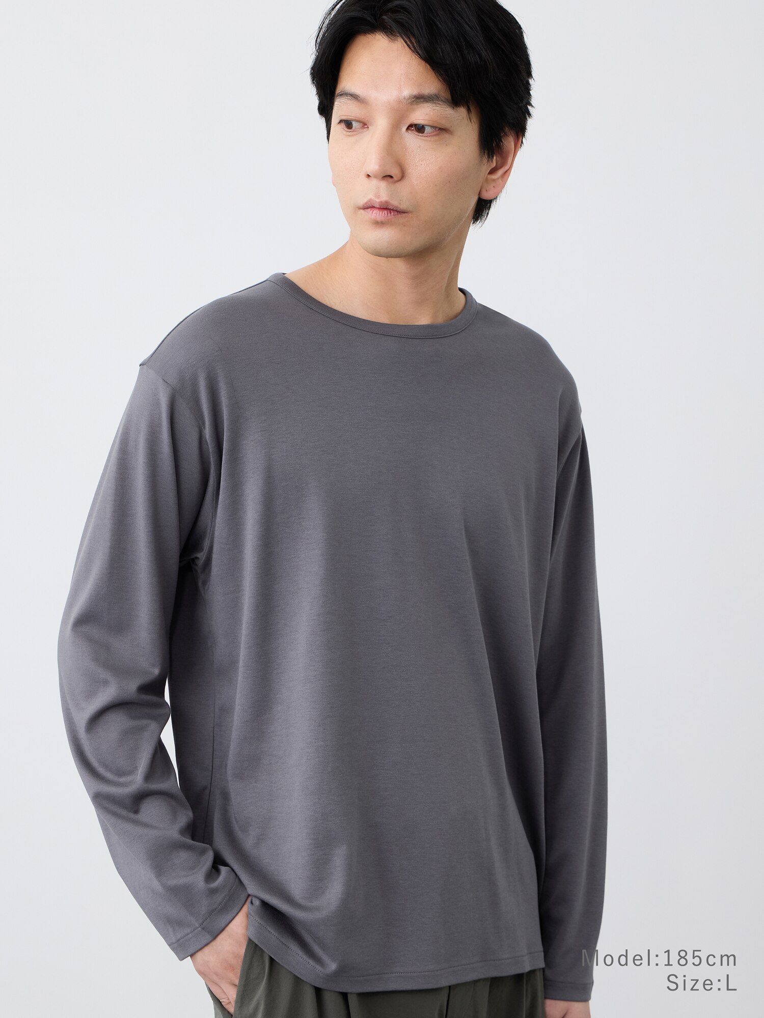 コットンブレンドスムースクルーネックTシャツ、プレシャスニット 