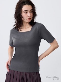 コットンアセテートブレンドスクエアネックニットT