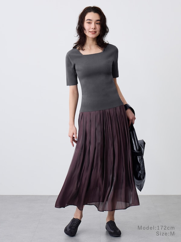 コットンアセテートブレンドスクエアネックニットT