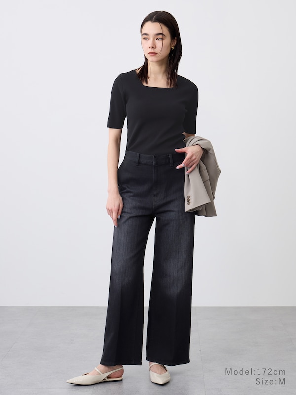 コットンアセテートブレンドスクエアネックニットT