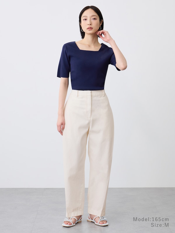 コットンアセテートブレンドスクエアネックニットT