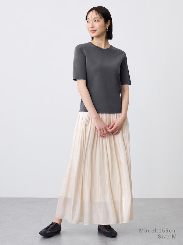 コットンアセテートブレンドクルーネックニットT